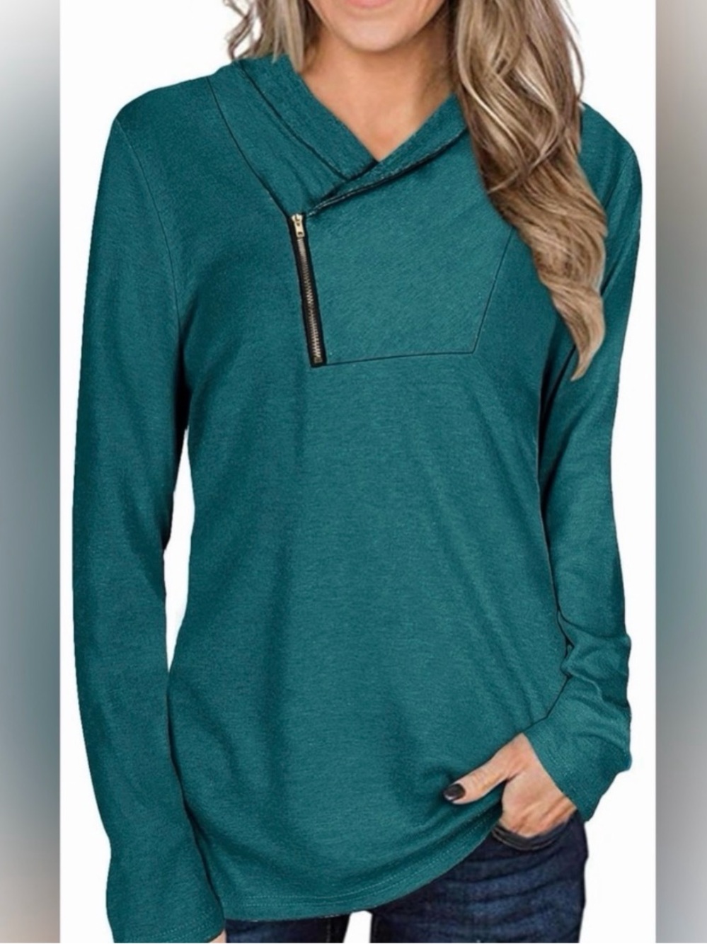 Teal Asymmetrical Zip Long-Sleeve Top - Women - NWT